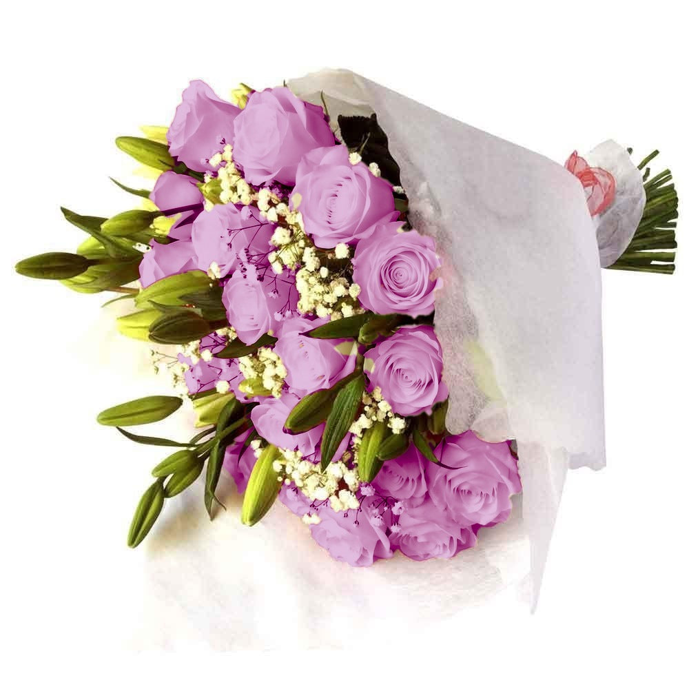 Ramo con 36 rosas y 10 liliums, rosas lila