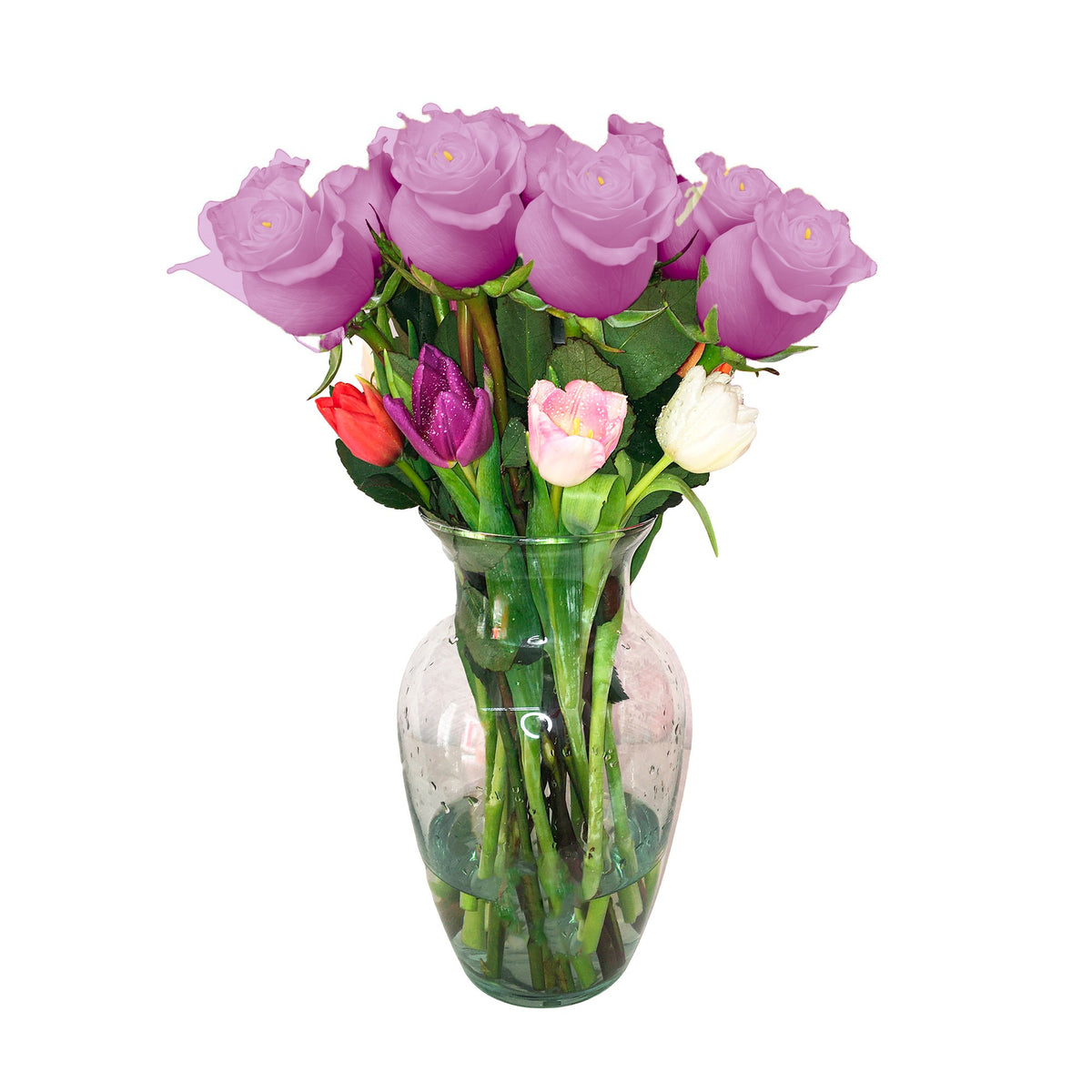 Arreglo con 12 rosas y 10 tulipanes variados en florero samaritano, rosas lila