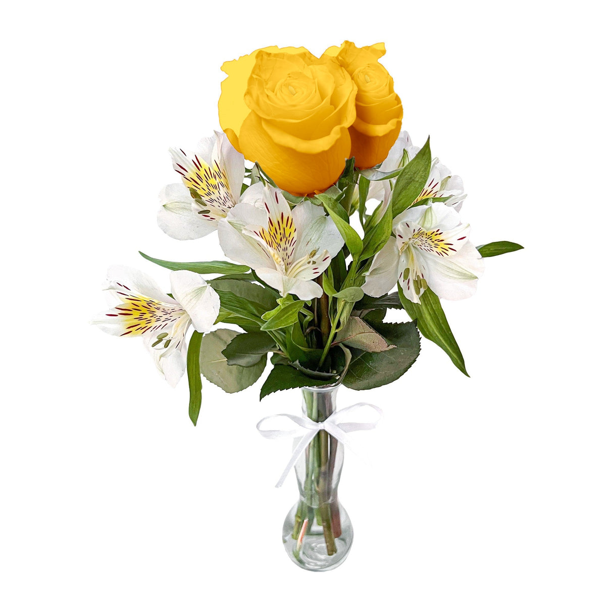 Uniflor con 3 rosas y astromelia, rosas amarillas