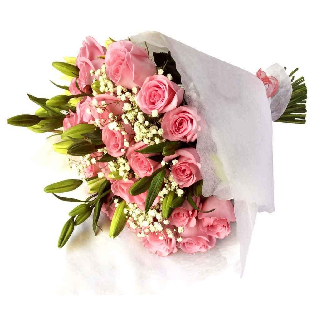 Ramo con 36 rosas y 10 liliums, rosas rosadas