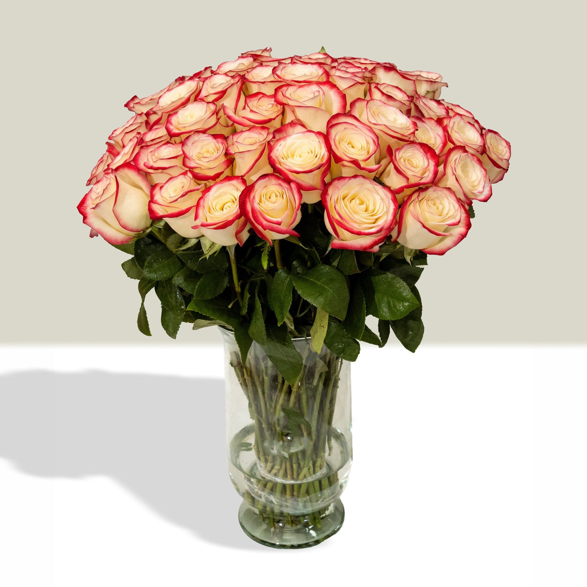 Arreglo con 80 rosas en florero candelabro grande, rosas blush (crema con borde rojo)