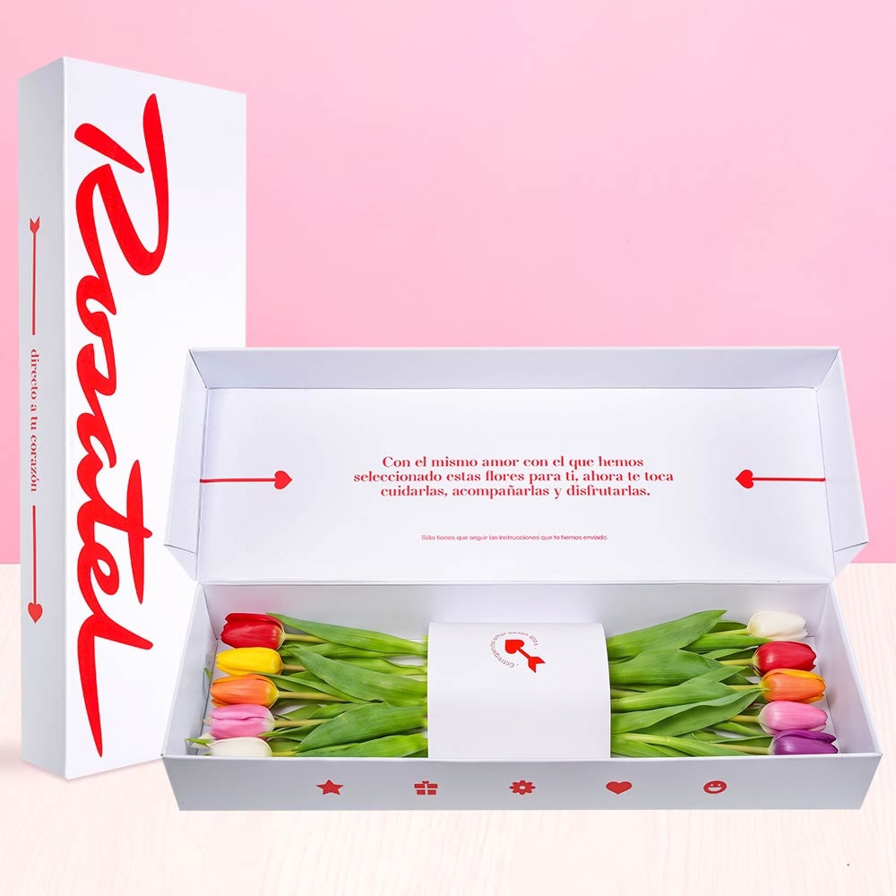 Caja blanca Rosatel con 12 tulipanes de colores variados