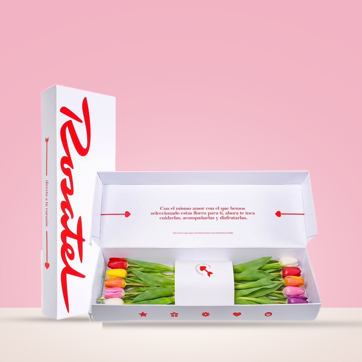 Caja blanca Rosatel con 12 tulipanes de colores variados