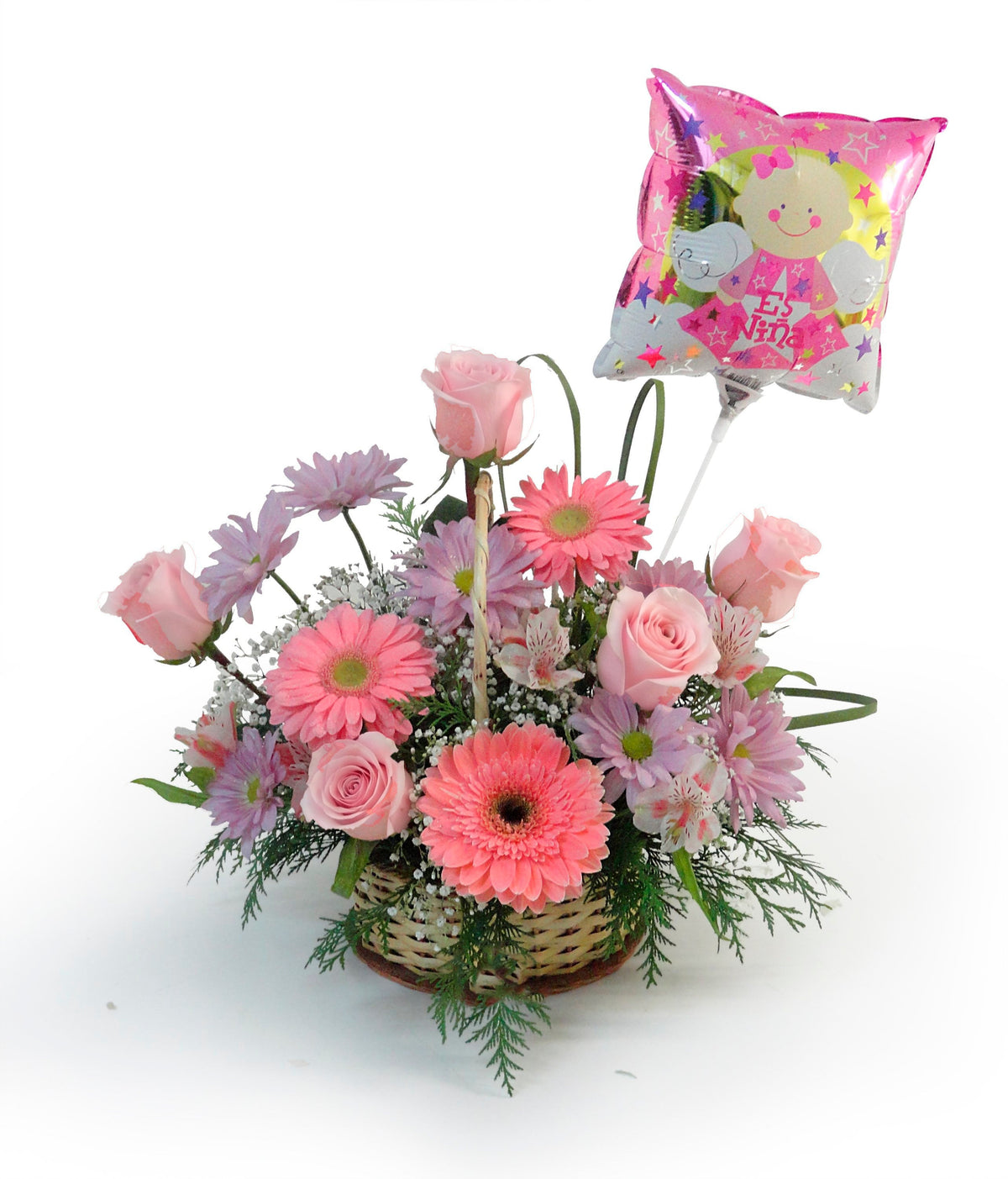 Canasta con 5 rosas, flores y globo niña, rosas rosadas