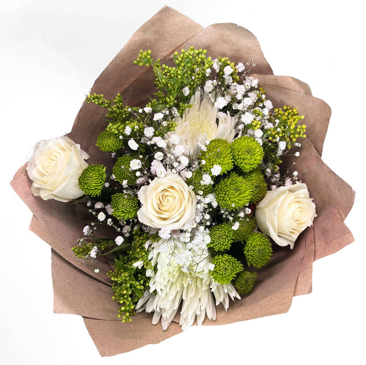 Ramo rústico con 3 rosas y flores variadas, rosas blancas