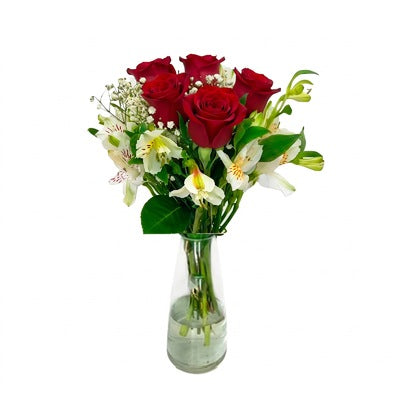 Arreglo con 5 rosas y astromelias en florero gélida, rosas rojas