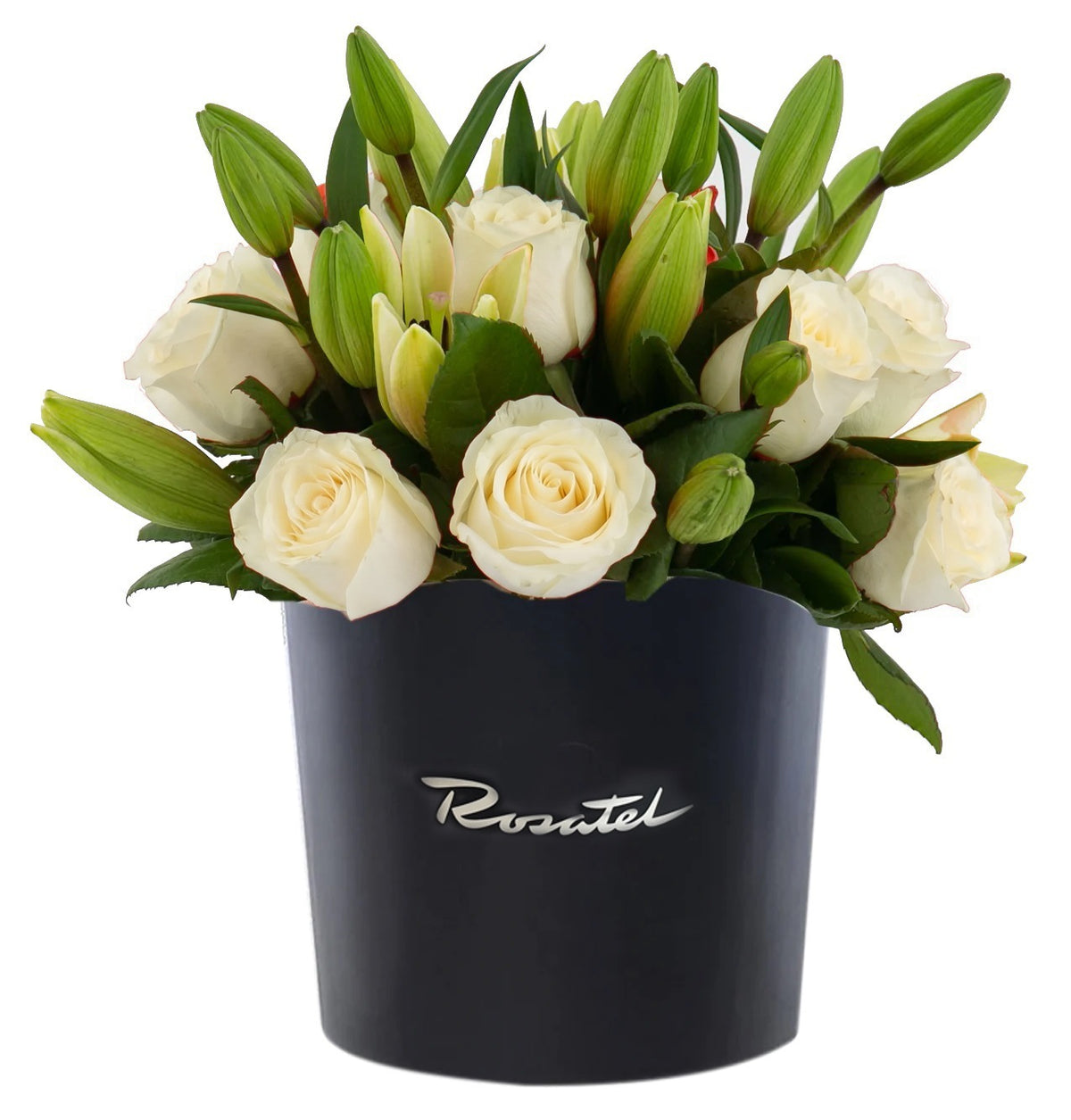 Sombrerera negra mediana con 12 rosas y lilium, rosas blancas