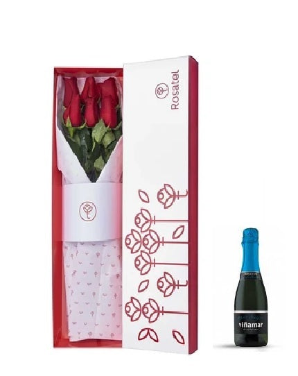 Caja blanca 6 rosas rojas y espumante viñamar pequeño