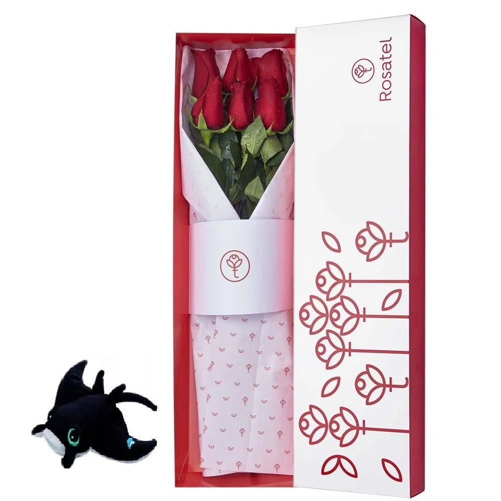 Caja blanca 6 rosas rojas y peluche manta raya