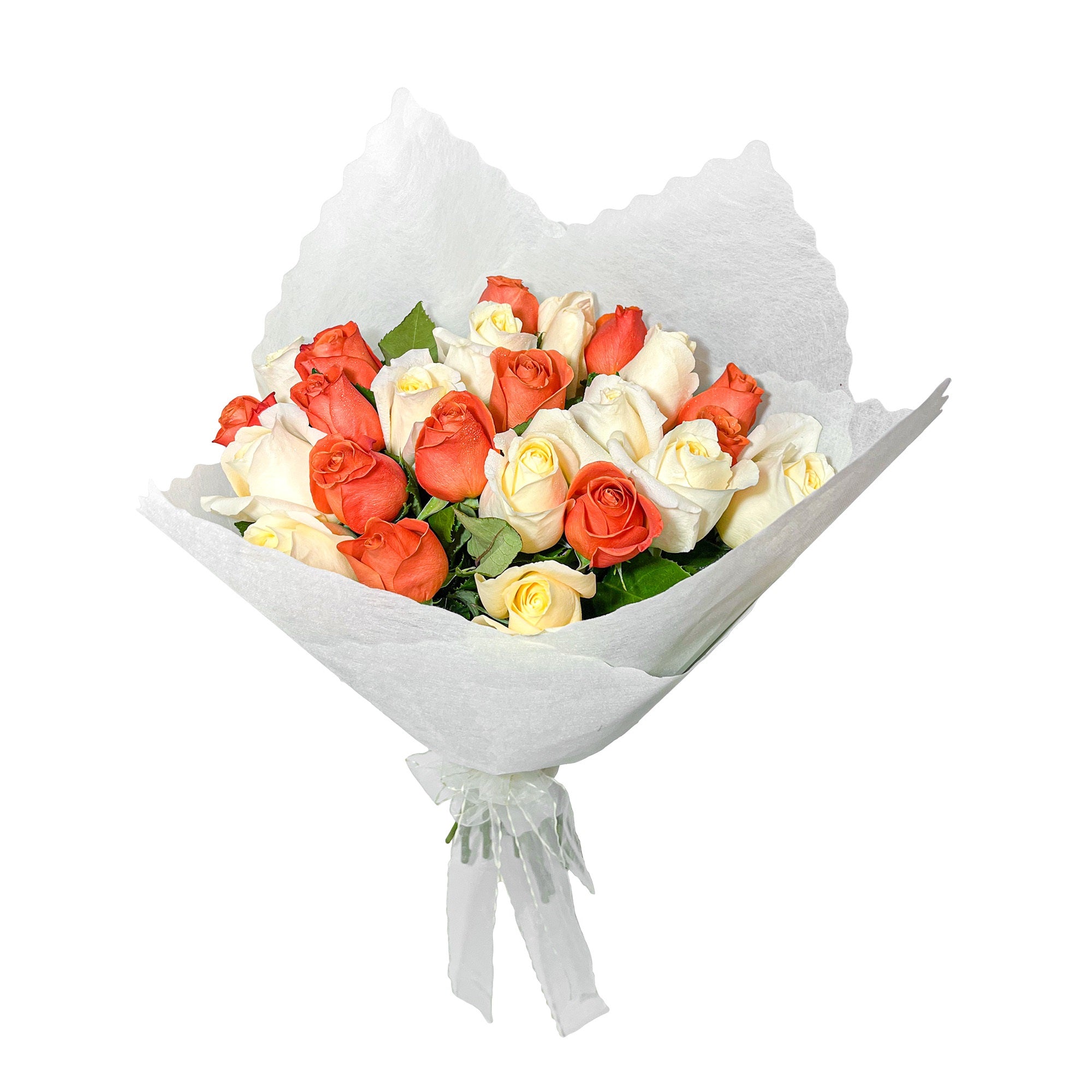 Ramo con 25 rosas blancas y naranjas