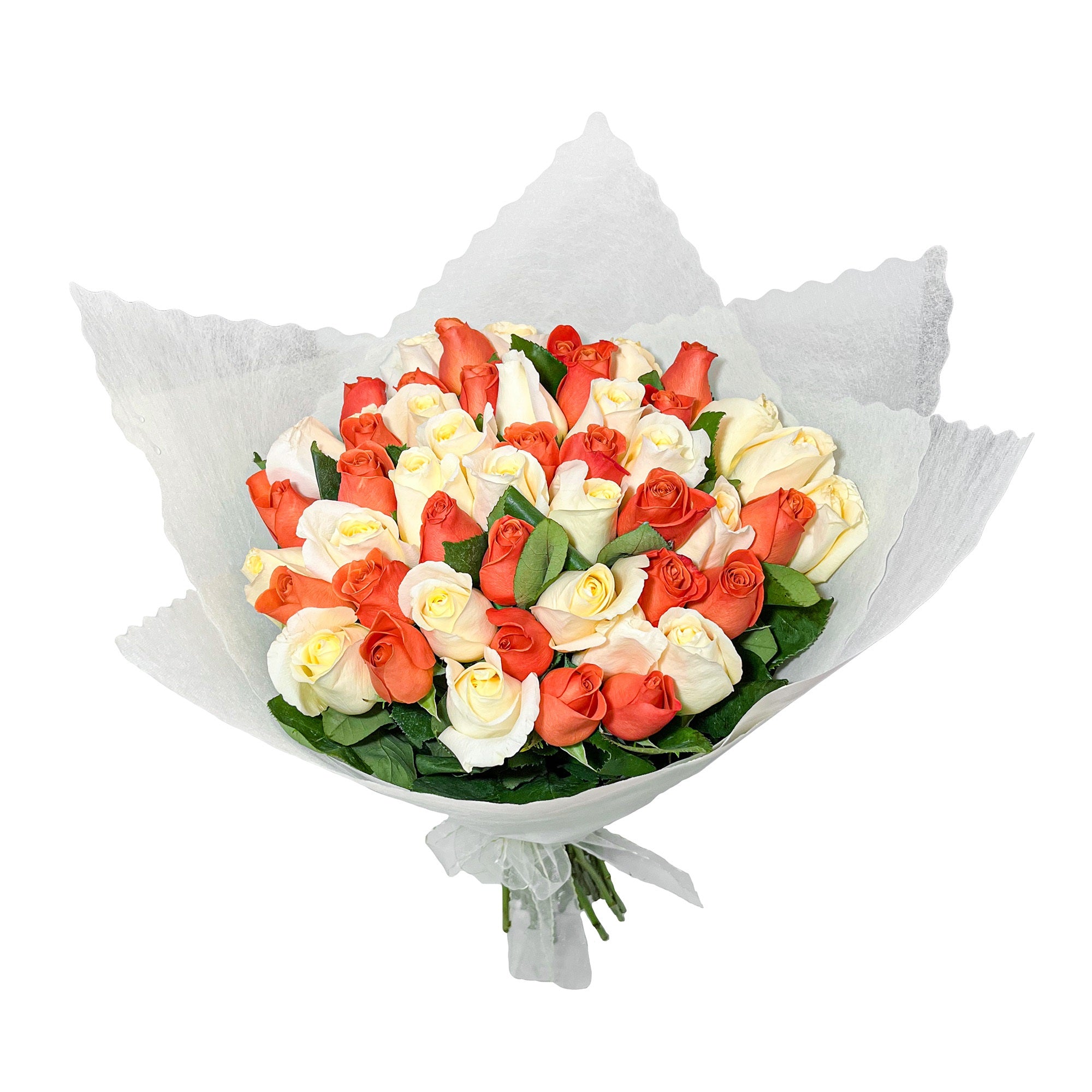 Ramo con 50 rosas blancas y naranjas