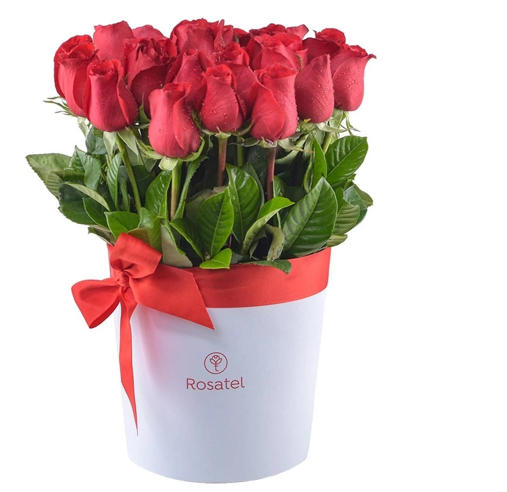 Sombrerera blanca grande con 25 rosas