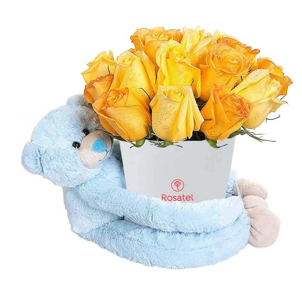 Sombrerera blanca 21 rosas y oso amoroso celeste