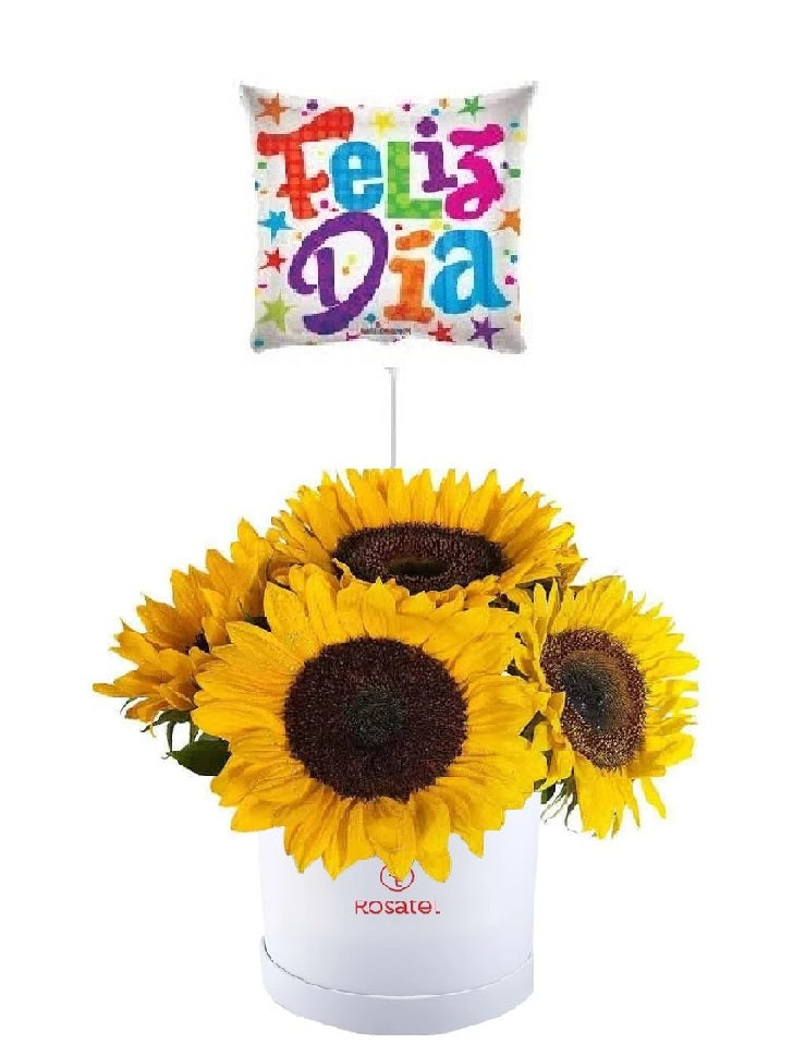 Sombrerera blanca 6 girasoles y globo feliz dia