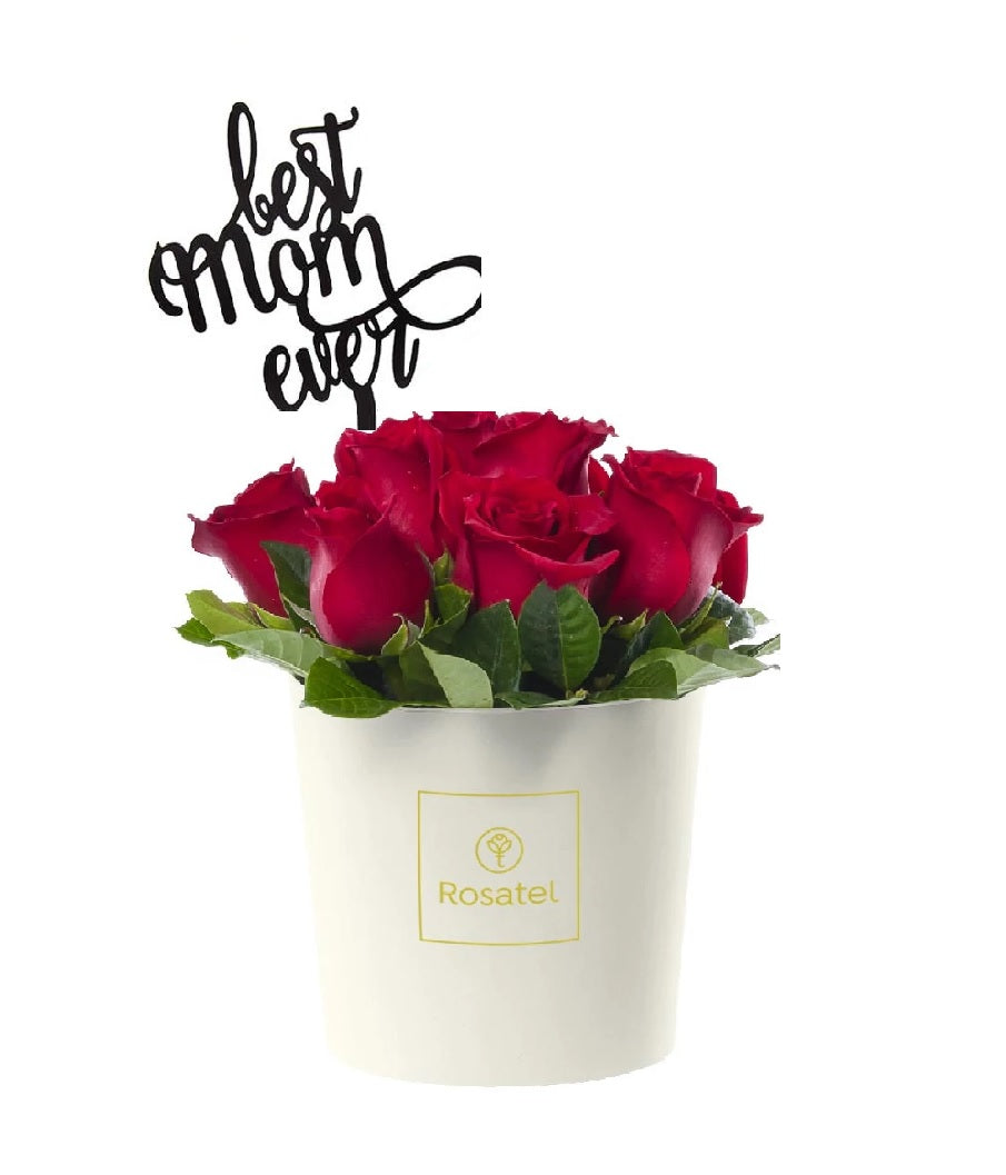 Sombrerera Crema con 10 rosas rojas y varilla best mom ever