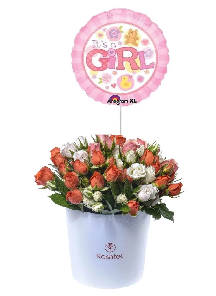 Sombrerera nacimiento 12 minirosas y globo niña