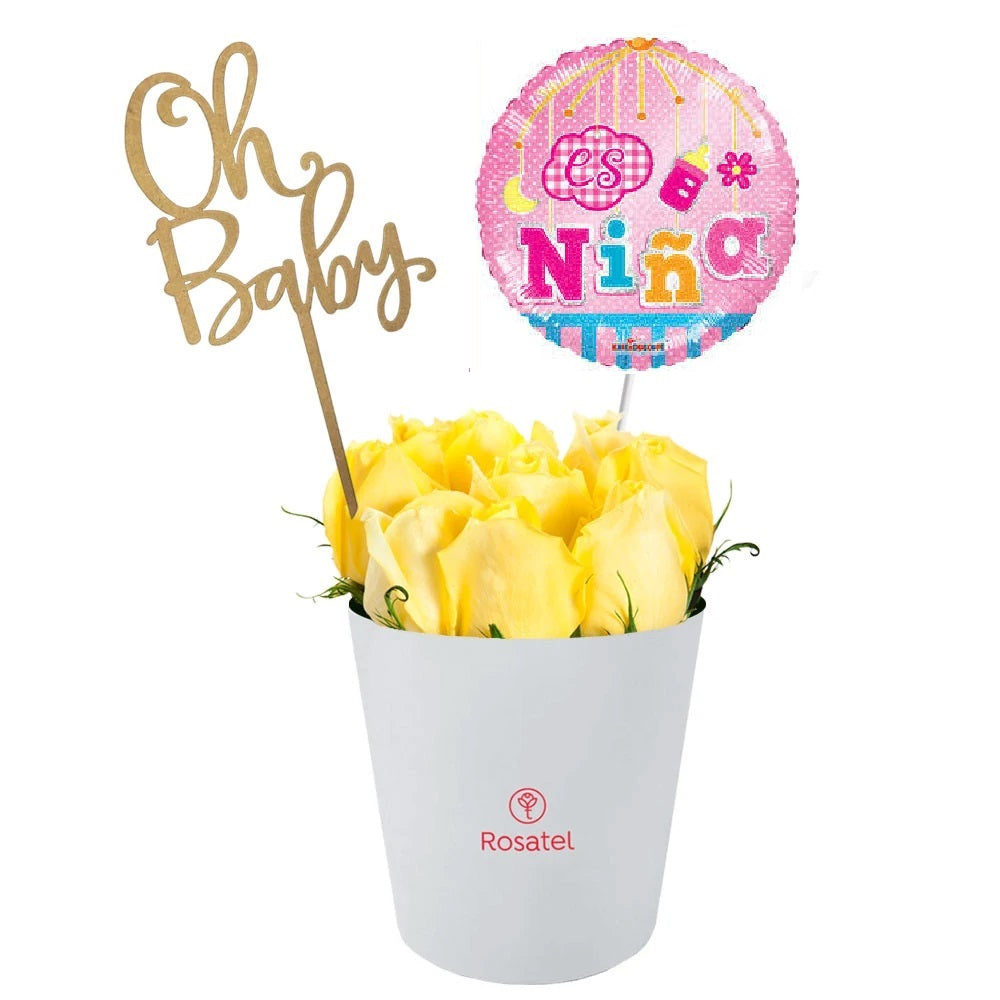 Sombrerera nacimiento 9 rosas varilla oh baby y globo niña