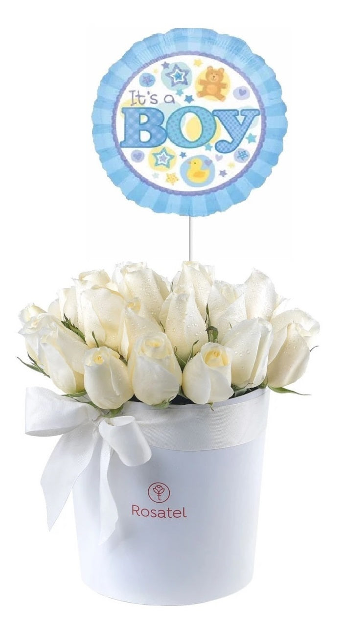 Sombrerera nacimiento con 25 rosas y globo niño