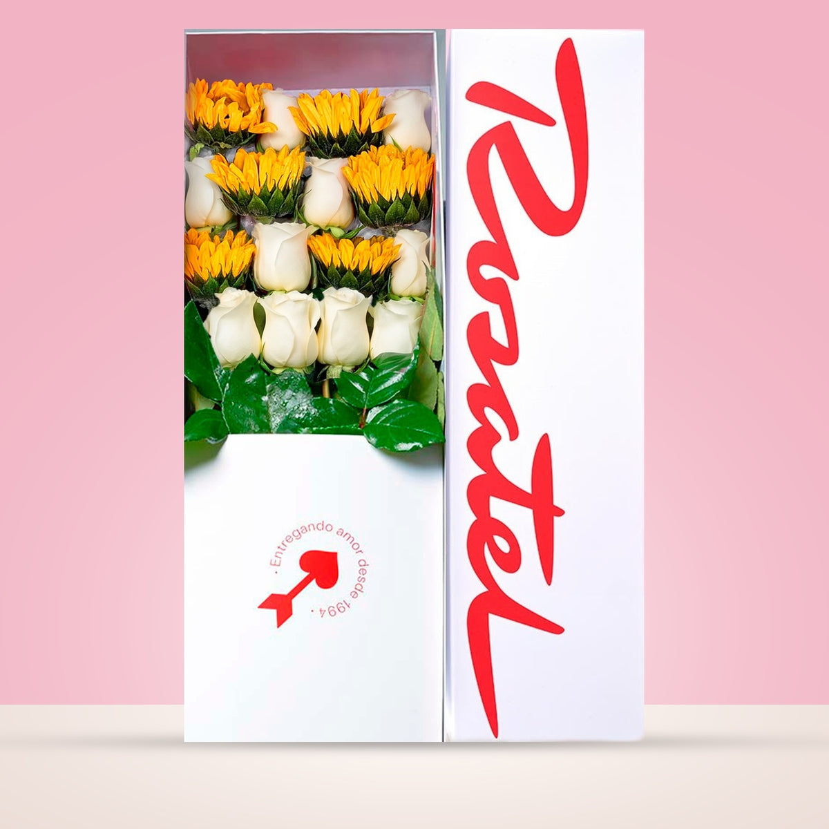 Caja blanca grande Rosatel con 10 rosas y girasoles, rosas blancas