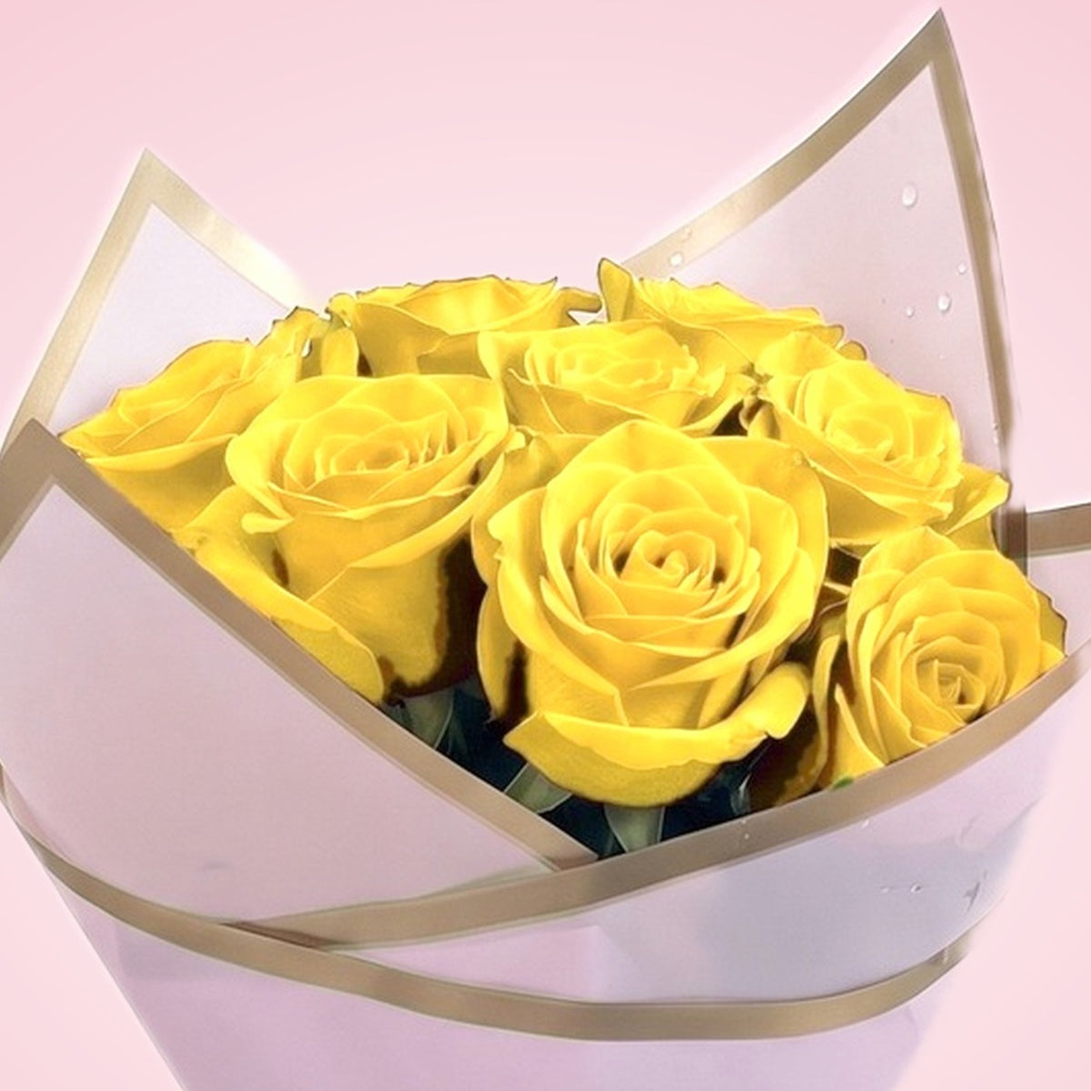 Ramo de rosas amarillas en papel coreano, detalle de las flores