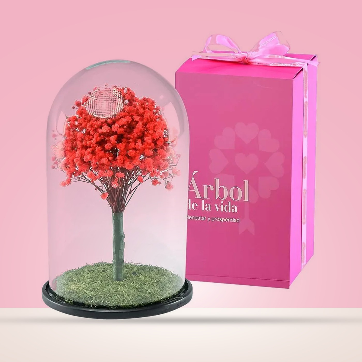 Árbol de la vida rojo de 28 cm en cúpula de vidrio con su caja