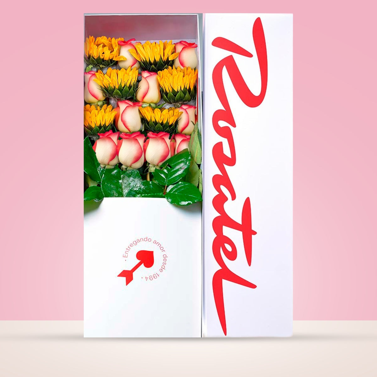Caja blanca grande Rosatel con 10 rosas y girasoles, rosas blush