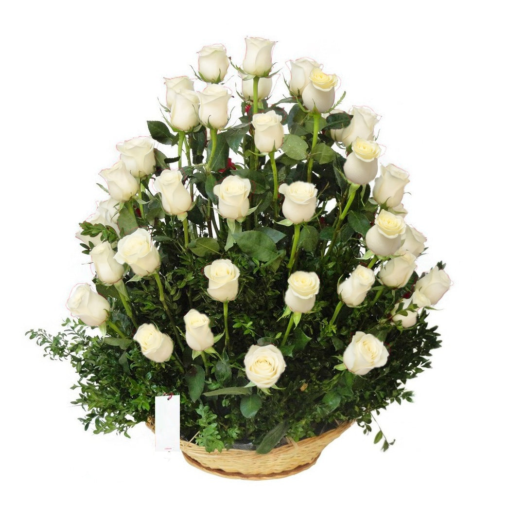 Canasta plato con 50 rosas, rosas blancas