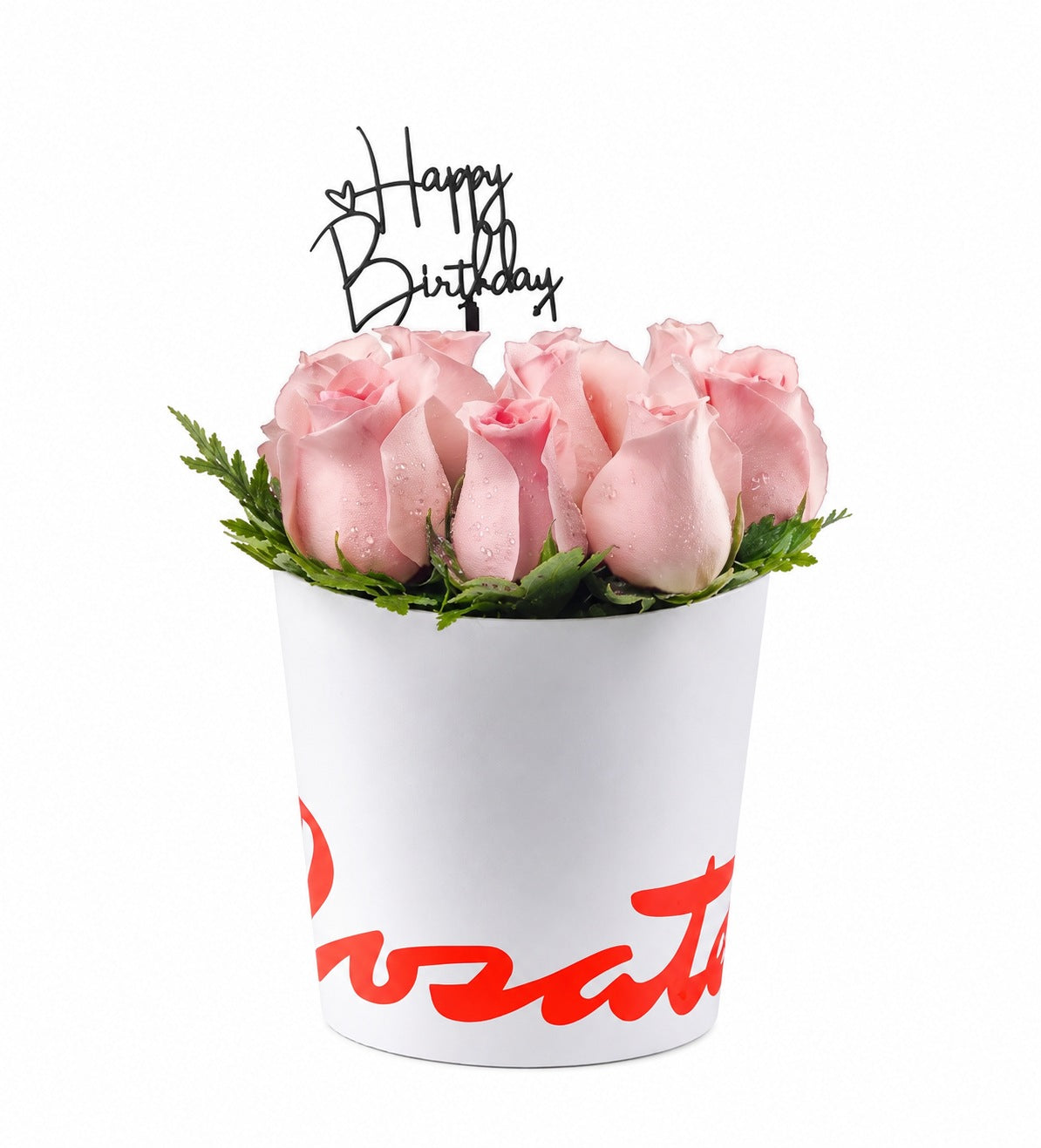 Sombrerera blanca mediana con 12 rosas y topper Happy Birthday, rosas rosadas