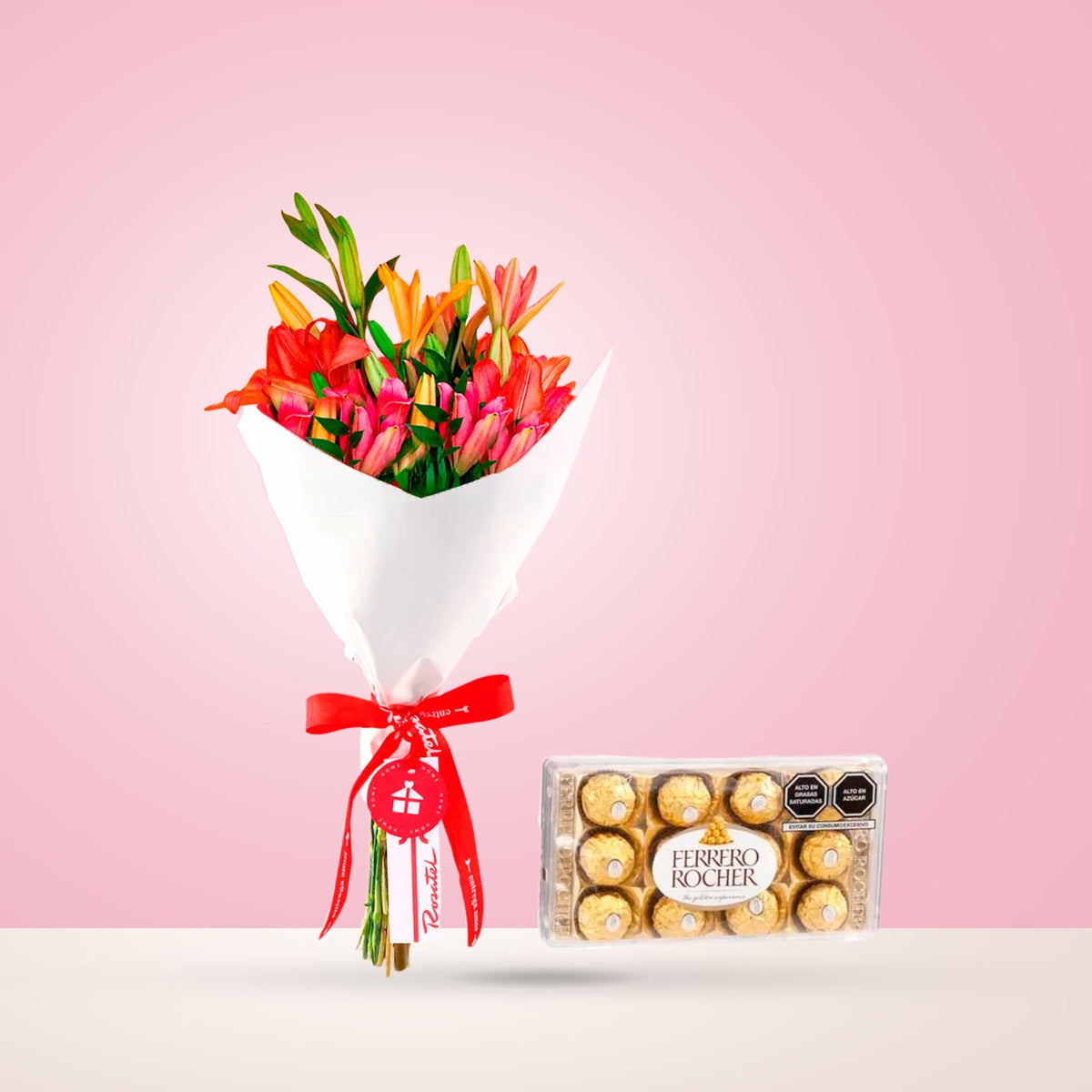 Ramo de 12 lilium con chocolates Ferrero Rocher 12 unidades
