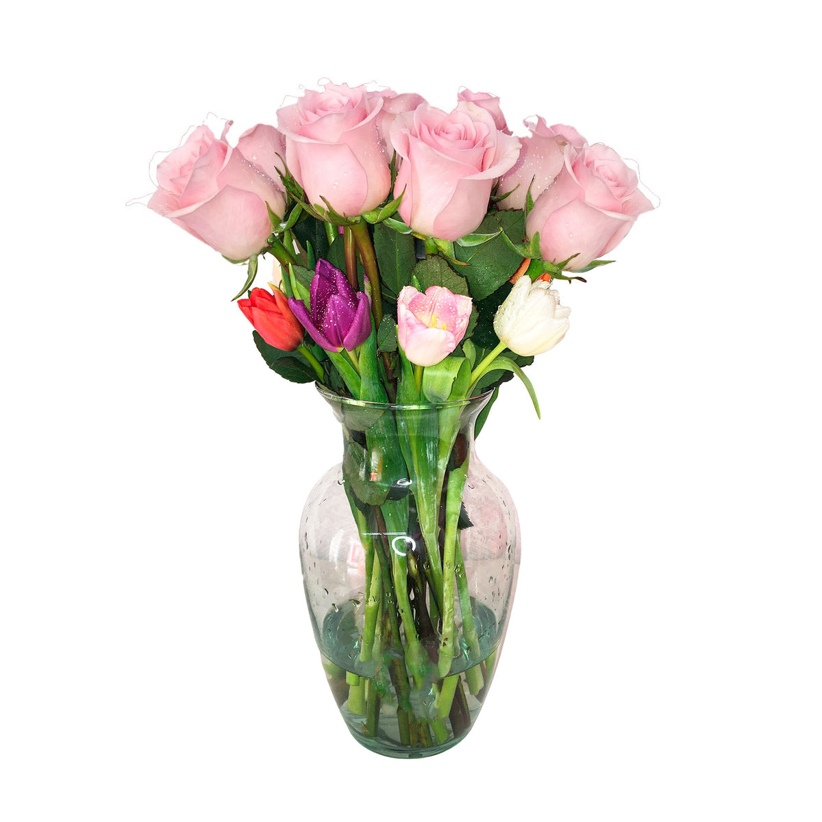 Arreglo con 12 rosas y 10 tulipanes variados en florero samaritano, rosas rosadas