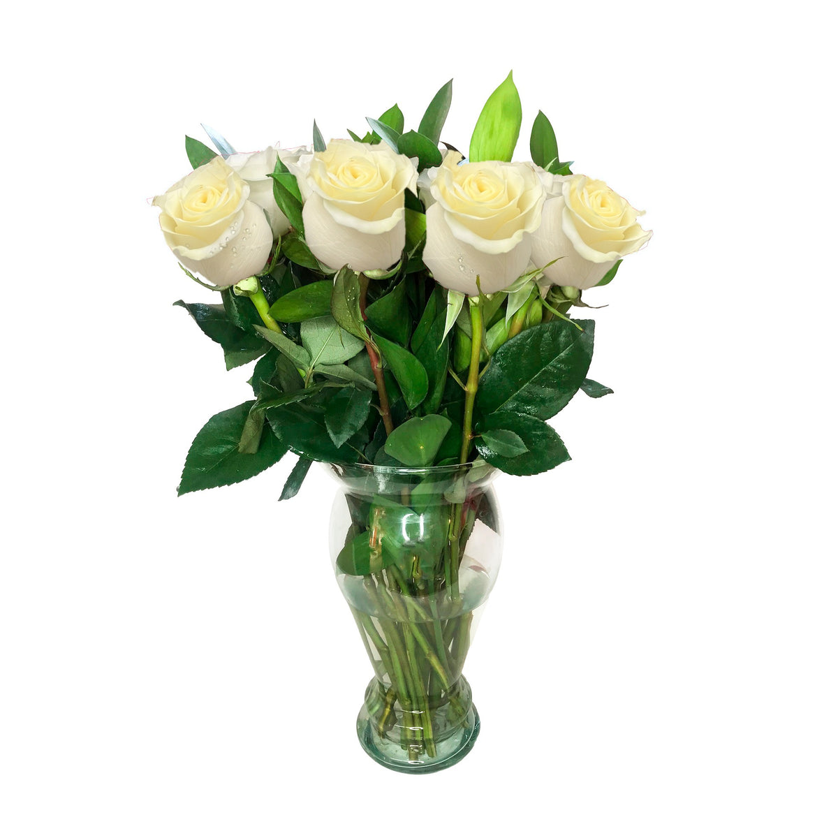 Arreglo con 12 rosas en florero modelo europeo, rosas blancas