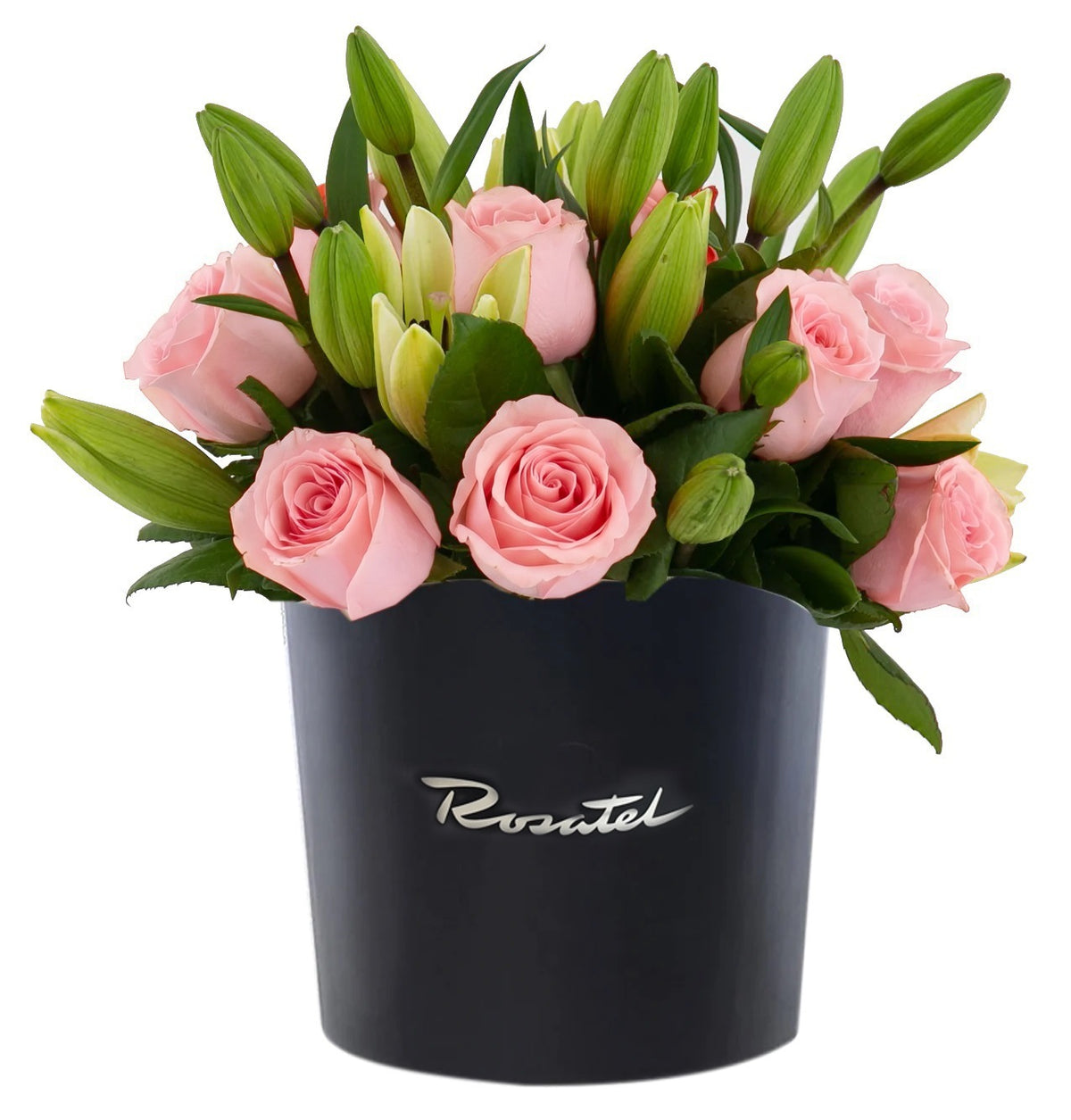 Sombrerera negra mediana con 12 rosas y lilium, rosas rosadas