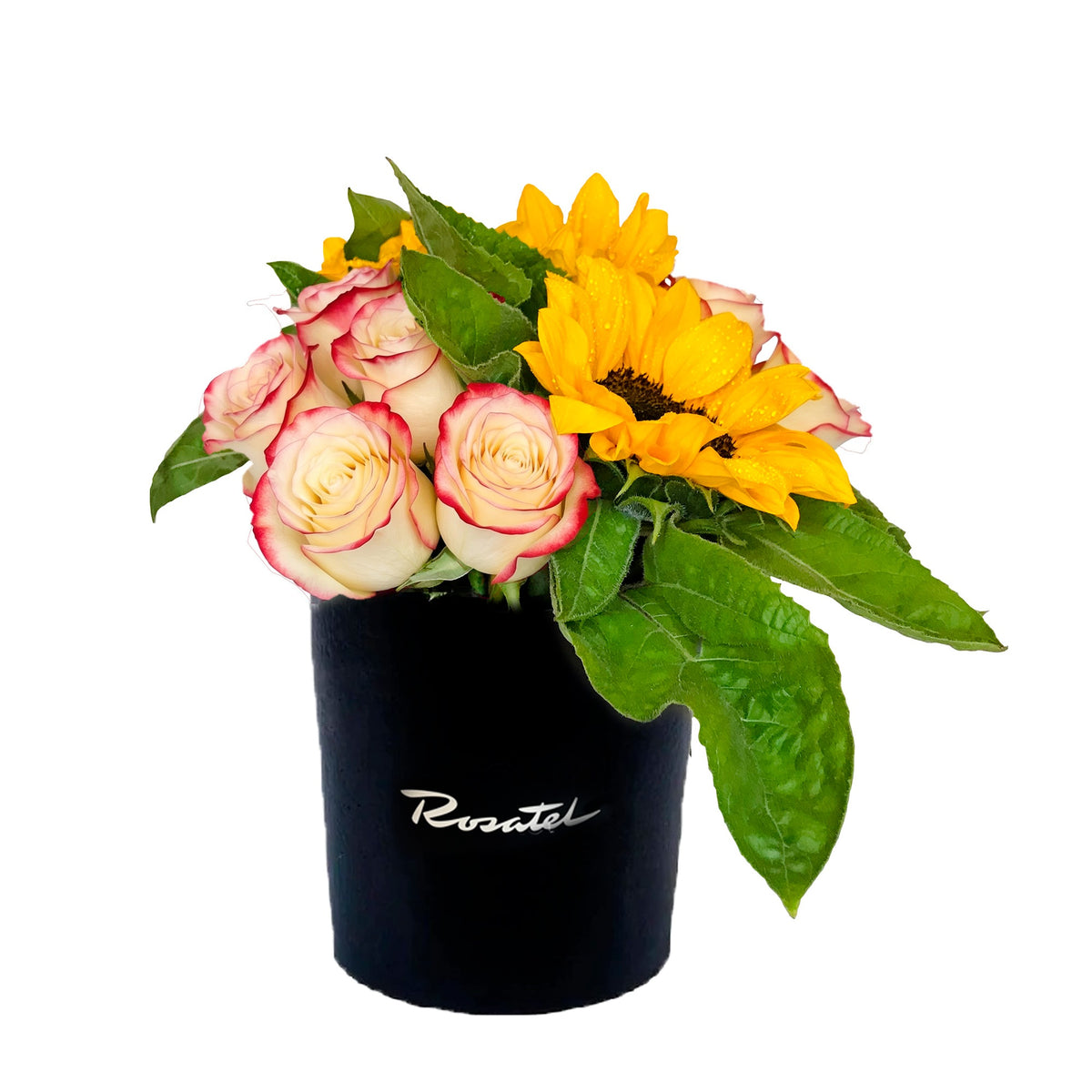 Sombrerera negra mediana con 12 rosas y 3 girasoles, rosas blush (crema con borde rojo)