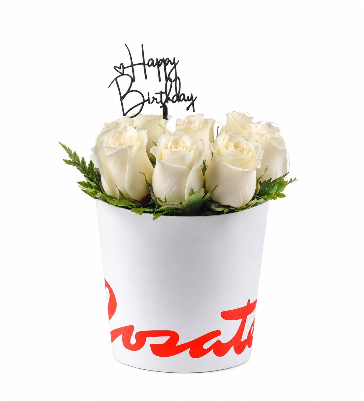 Sombrerera blanca mediana con 12 rosas y topper Happy Birthday, rosas blancas