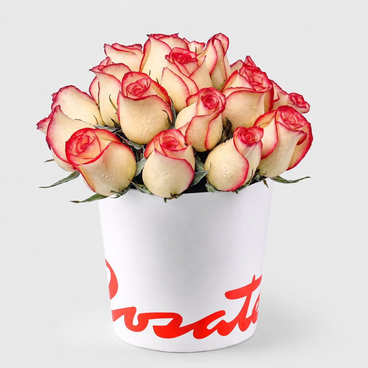 Sombrerera blanca mediana con 21 rosas, rosas blush (crema con borde rojo)