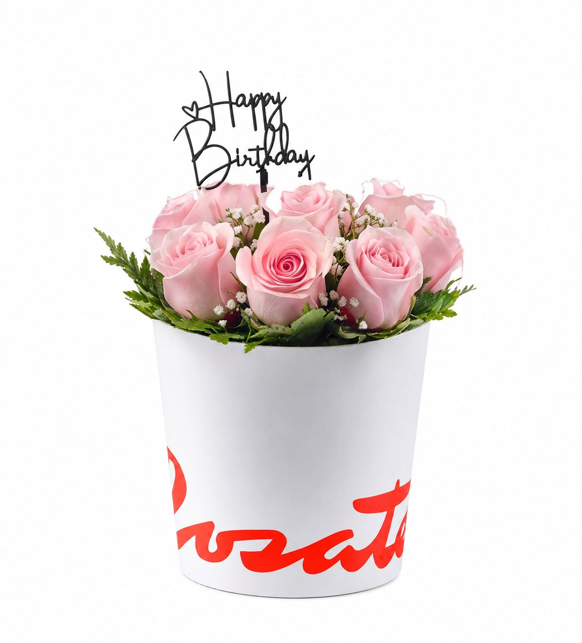 Sombrerera blanca mediana con 12 rosas y topper Happy Anniversary, rosas rosadas