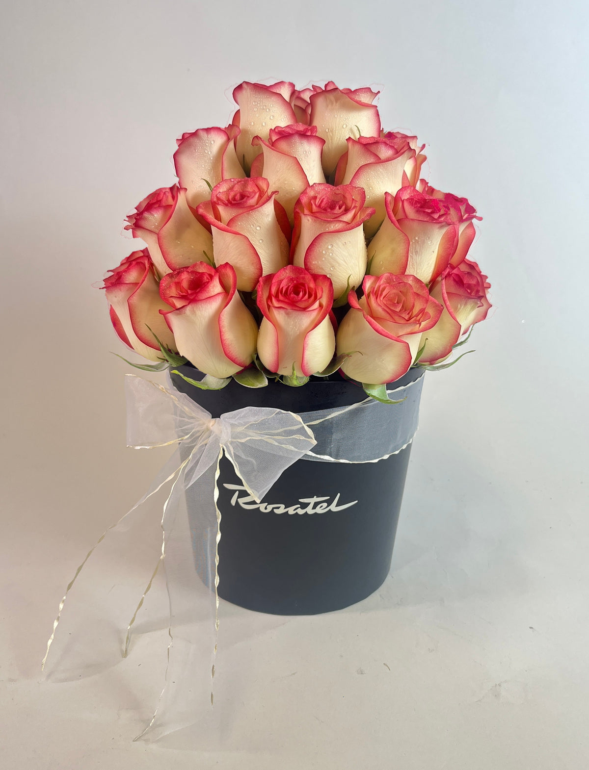 Sombrerera negra mediana con 30 rosas, rosas blush (crema con borde rojo)