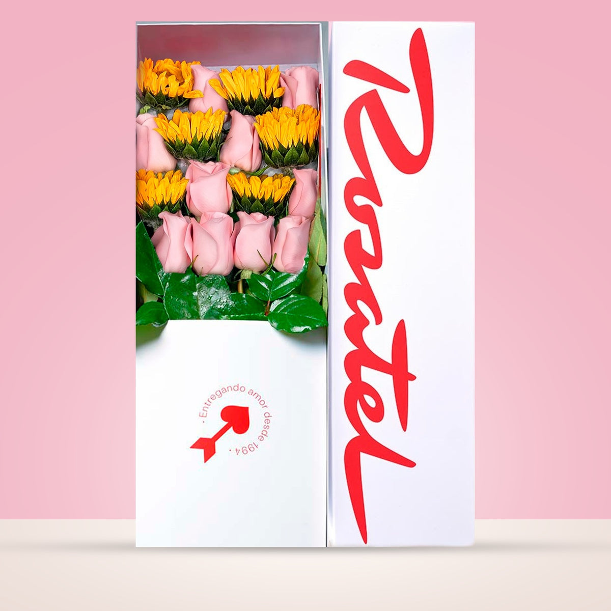 Caja blanca grande Rosatel con 10 rosas y girasoles, rosas rosadas