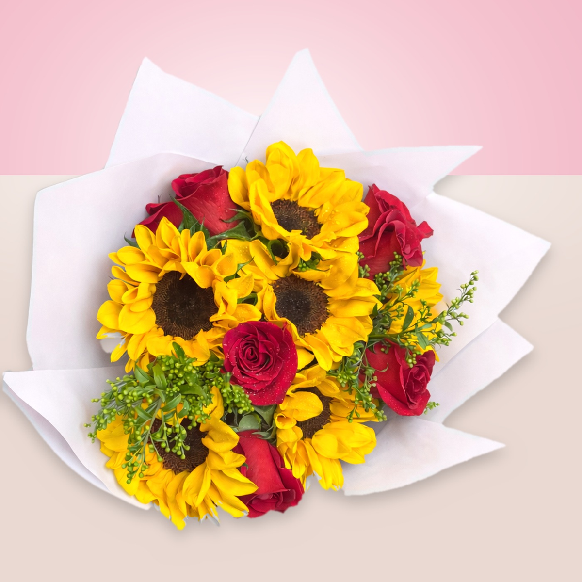 Ramo con 6 rosas rojas y 6 girasoles