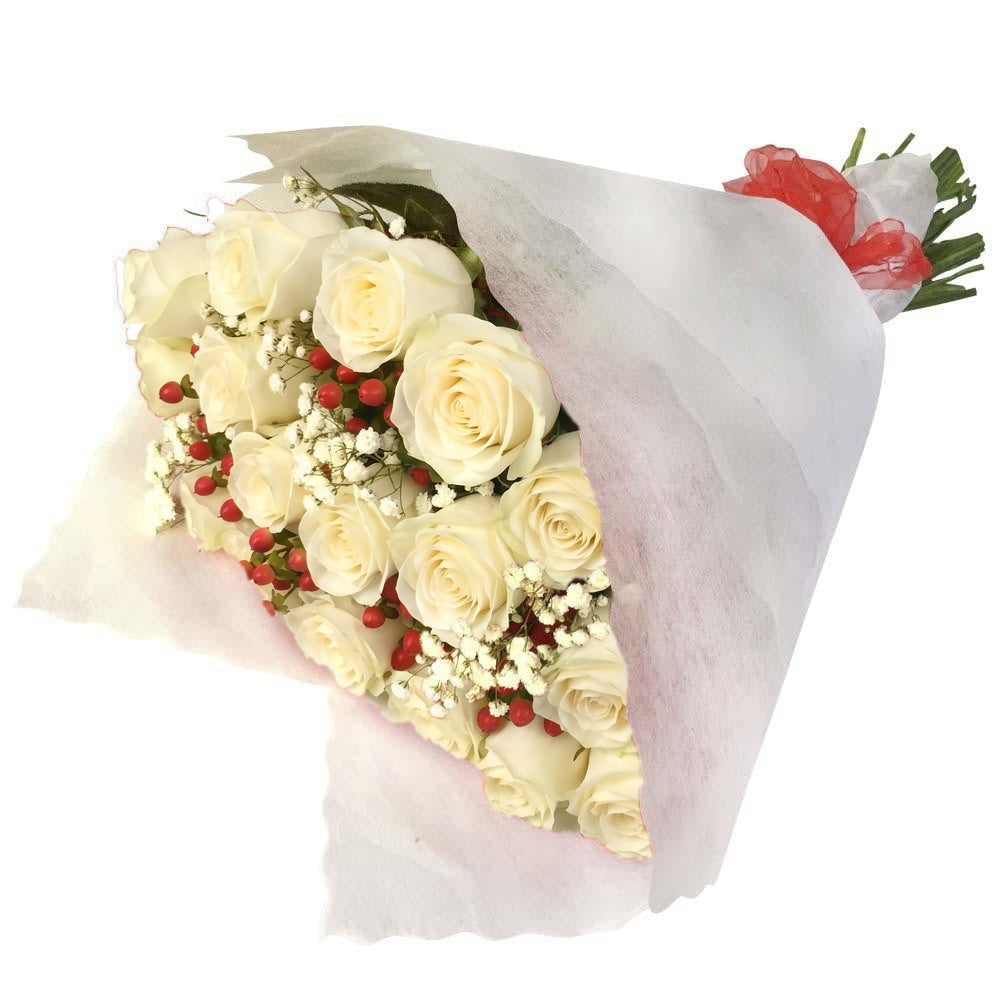 Ramo con 25 rosas y gypsophila, rosas blancas