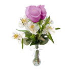 Uniflor con 3 rosas y astromelia, rosas lila