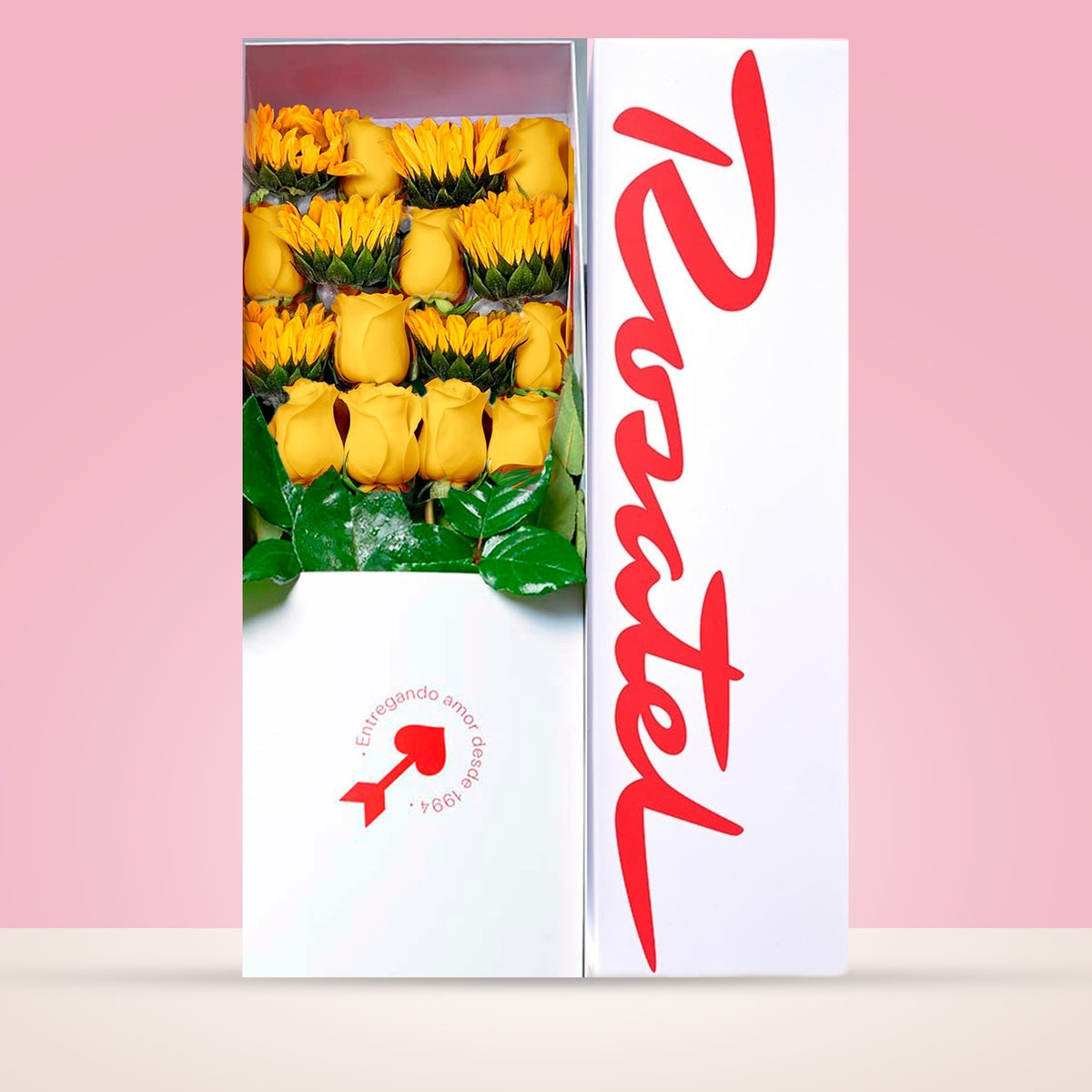 Caja blanca grande Rosatel con 10 rosas y girasoles, rosas amarillas