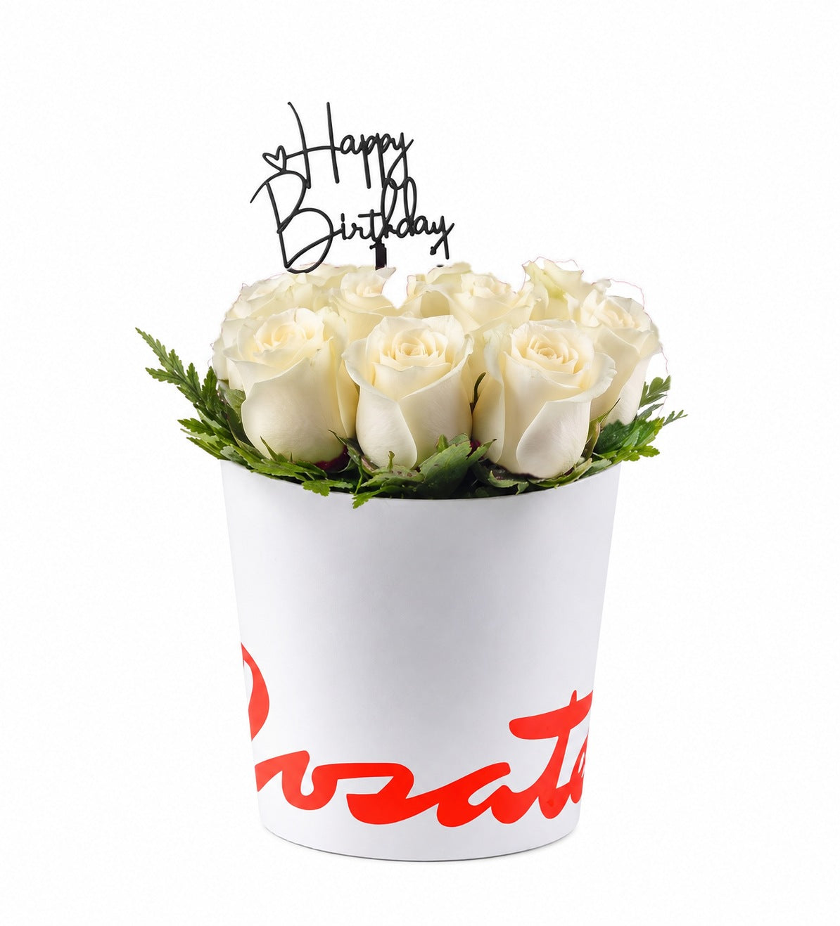 Sombrerera blanca mediana con 12 rosas y topper Happy Anniversary, rosas blancas