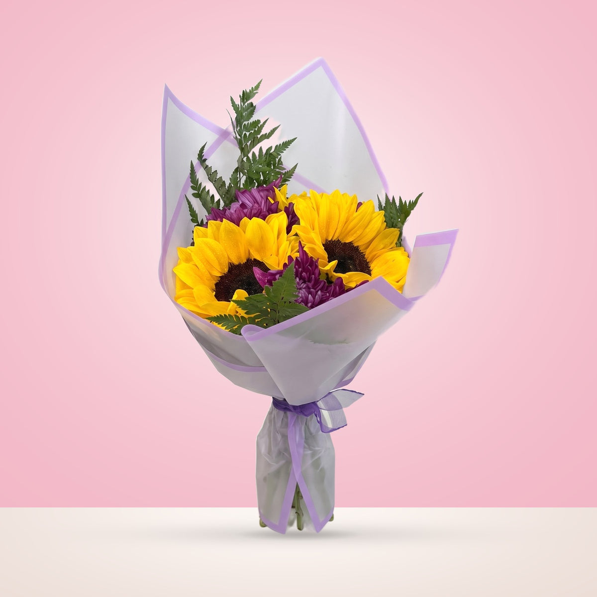 Ramo con 3 girasoles y maules en papel coreano, de pie