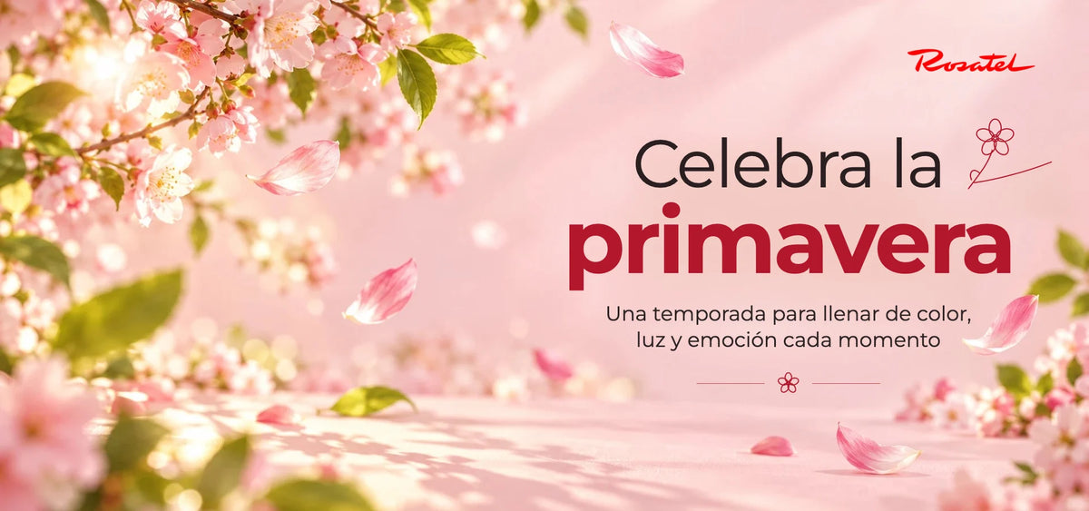 Celebra la primavera con Rosatel: flores de cerezo y pétalos sobre fondo rosado