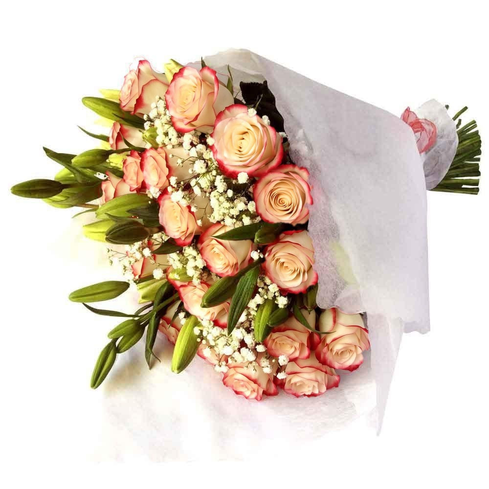 Ramo con 36 rosas y 10 liliums, rosas blush (crema con borde rojo)