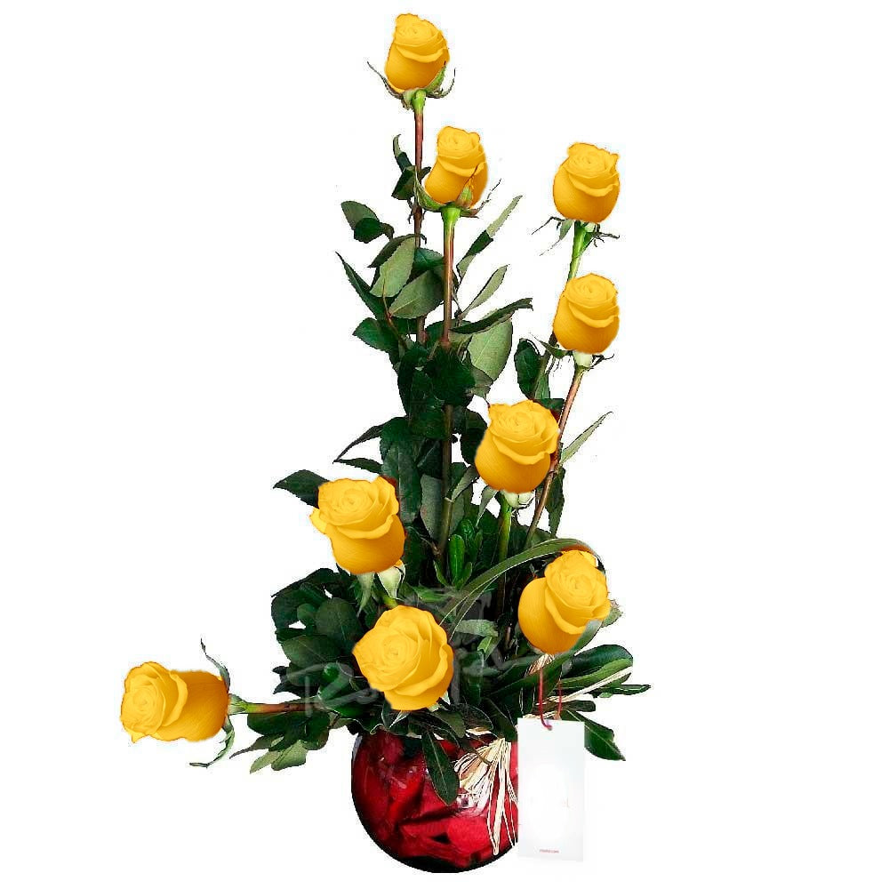 Arreglo con 9 rosas en pecera mediana, rosas amarillas