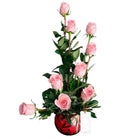 Arreglo con 9 rosas en pecera mediana, rosas rosadas