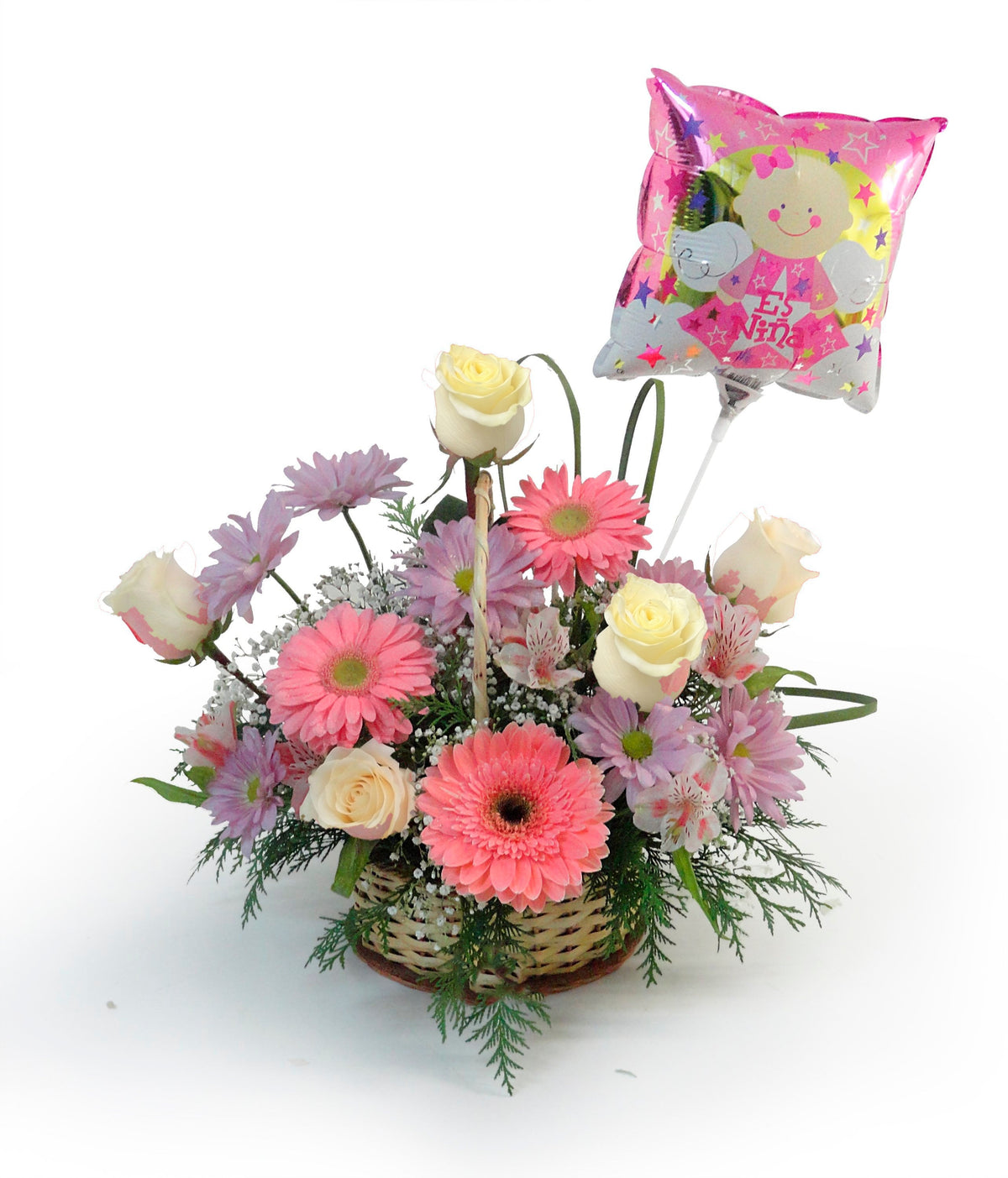 Canasta con 5 rosas, flores y globo niña, rosas blancas