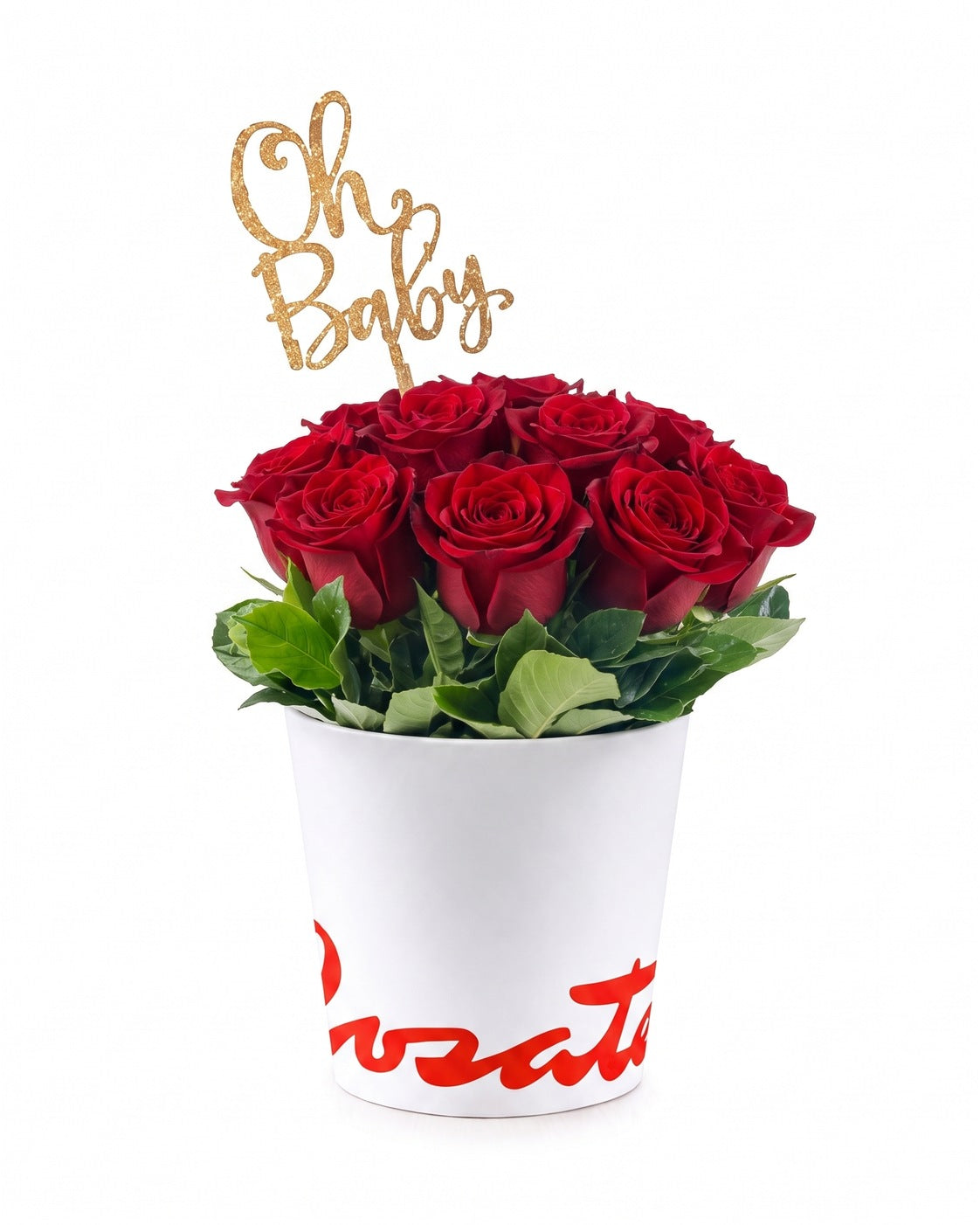 Sombrerera blanca mediana con 10 rosas y varilla Oh Baby, rosas rojas